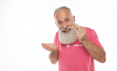 Aufkleber - Gold Bitcoin in funny bearded man hand, Digital symbol of a new virtual currency.