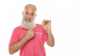 Aufkleber - Gold Bitcoin in funny bearded man hand, Digital symbol of a new virtual currency.