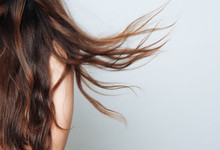 Long Brown Hair Blown By Wind Naturally With Space Fot Text On White Background.Hair Care Concept.