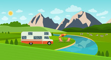 Retro Camper Car Trailers Caravan And Deck Chairs. Summer Landscape With Mountains And Herd Of Cows On The Field. Vector Flat Style Illustration