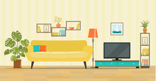 Living Room Interior. Furniture: Sofa, Bookcase, Tv, Lamps. Flat Style Vector Illustration