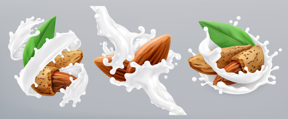 Wall Mural - Almond and milk splash. 3d realistic vector icon