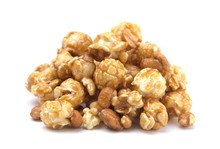 Caramel And Peanut Popcorn On A White Background