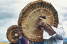 Shamanic Drums In Shamans Hands. Ritual. Close