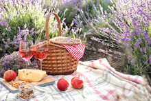 Set For Picnic On Blanket In Lavender Field