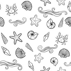 Black and white Seashell seamless pattern. design for holiday greeting card and invitation of seasonal summer holidays, summer beach parties, tourism and travel