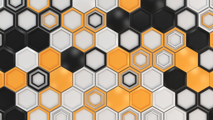 Wall Mural - Abstract 3d background made of black, white and orange hexagons on white background