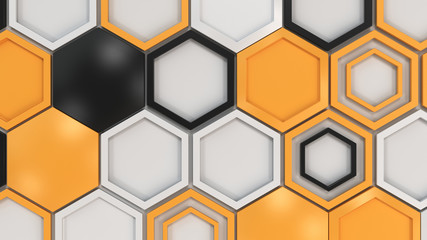 Wall Mural - Abstract 3d background made of black, white and orange hexagons on white background