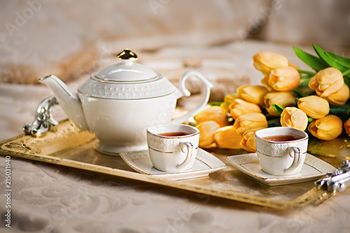 Romantic Tea Set With Flowers Nice Good Morning Breakfast In Bed