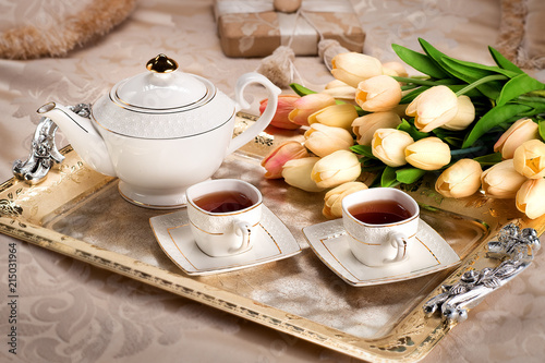 Romantic Tea Set With Flowers Nice Good Morning Breakfast In Bed