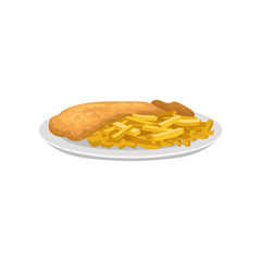 Sticker - Fish and chips (french fries) on white plate. Traditional dish of English cuisine. Flat vector for recipe book, cafe or restaurant menu