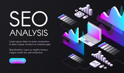 Fototapete - SEO analysis vector illustration of search engine optimization in digital marketing. Ultraviolet purple diagrams and flowcharts for user requests in internet and computer network