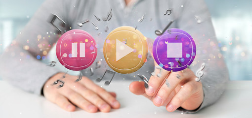 Poster - Man holding a Music button and notes playing  3d rendering