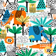 Safari animals seamless pattern with cute zebra, funny elephant, dangerous alligator, tiger and tropical plants. Vector texture in childish style great for fabric and textile, wallpapers, backgrounds.