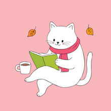 Cartoon Cute Cat Reading Book And Coffee Cup Vector.