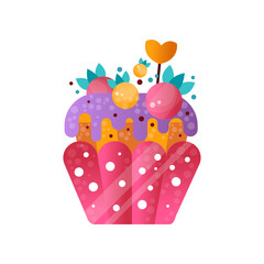 Poster - Pink creamy cupcake, sweet pastry decorated with berries, dessert for birthday party vector Illustration on a white background