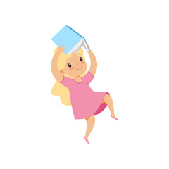 Sticker - Lovely little girl jumping with book, cute kid playing and learning vector Illustration on a white background