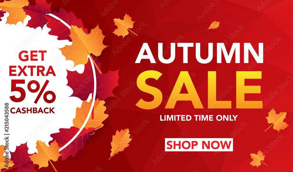 Autumn sale banner template with leaves, fall leaves for shopping sale. banner design. Poster, card, label, web banner. Vector illustration - obrazy, fototapety, plakaty 