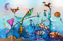 Abstract Colorful Fantasy Oil Painting. Semi- Abstract Of Chidren, Tree, Fish And Bird. Spring ,summer Season Nature Background.