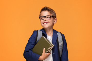 Little school boy with backpack and books.