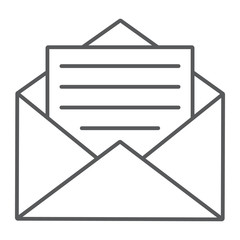 Aufkleber - Open mail thin line icon, envelope and letter, email sign, vector graphics, a linear pattern on a white background, eps 10.