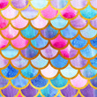 Mermaid scales. Watercolor fish scales. Bright summer pattern with reptilian scales. Gold background.