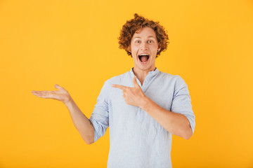 Poster - Portrait of joyful young man 20s smiling and holding copyspace at palm, isolated over yellow background