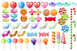 Candies set. Big collection of different cartoon style candies. Wrapped and not lollipops, cane, sweetmeats. Cute glossy sweets. Flat colorful icons. Vector illustration isolated on white background