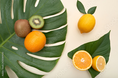 Fotografie, Obraz Top view of oranges and lemons with kiwi composed on green Monstera leaves on wh