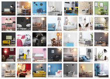 Collection Of Different Room Interiors With Modern Furniture And Lamps