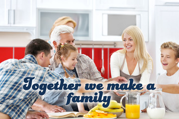 Wall Mural - Inscription and happy family in kitchen at home