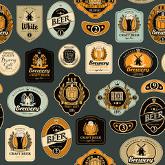 Wall Mural - vector seamless pattern on the theme of beer with various beer labels with images of barrels, beer g