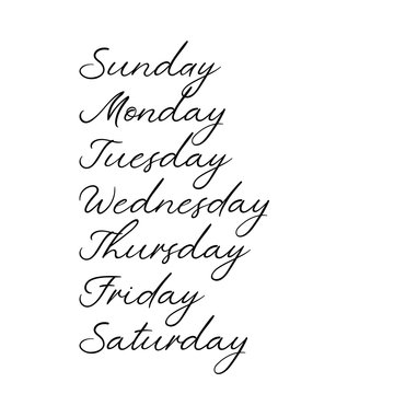 Handwritten Days of Week. Sunday, Monday, Tuesday, Wednesday, Thursday, Friday, Saturday. Modern Calligraphy. Isolated on White Background. Hand lettering calendar