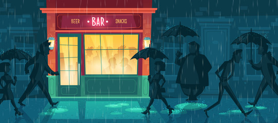 Vector cartoon illustration with bar at bad weather. Exterior of night cafe with some people inside, others walking down street under umbrellas in rain. Background with beerhouse, fast food restaurant