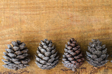 Wall Mural - Brown pine and cedar cones on wooden background