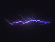 Vector realistic lightning isolated on black background. Natural light effect, bright glowing. Magic purple thunderstorm, design element