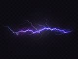 Fototapeta  - Vector realistic lightning isolated on black background. Natural light effect, bright glowing. Magic purple thunderstorm, design element