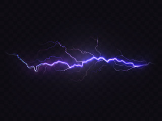 Vector realistic lightning isolated on black background. Natural light effect, bright glowing. Magic purple thunderstorm, design element