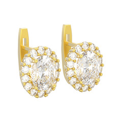 3D illustration isolated yellow gold diamond earrings with oval gemstone with hinged lock