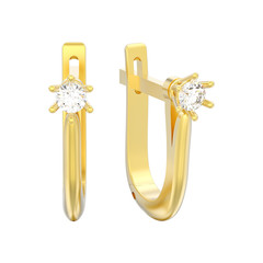 3D illustration isolated yellow gold diamond solitaire earrings with hinged lock