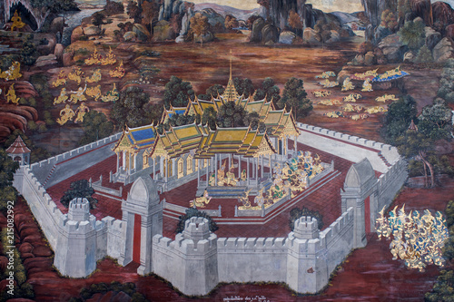 Fotografía BANGKOK, THAILAND - June 3, 2018:Ancient Thai mural painting of Ramakien epic inside of Wat Phra Kaew in Bangkok, Thailand