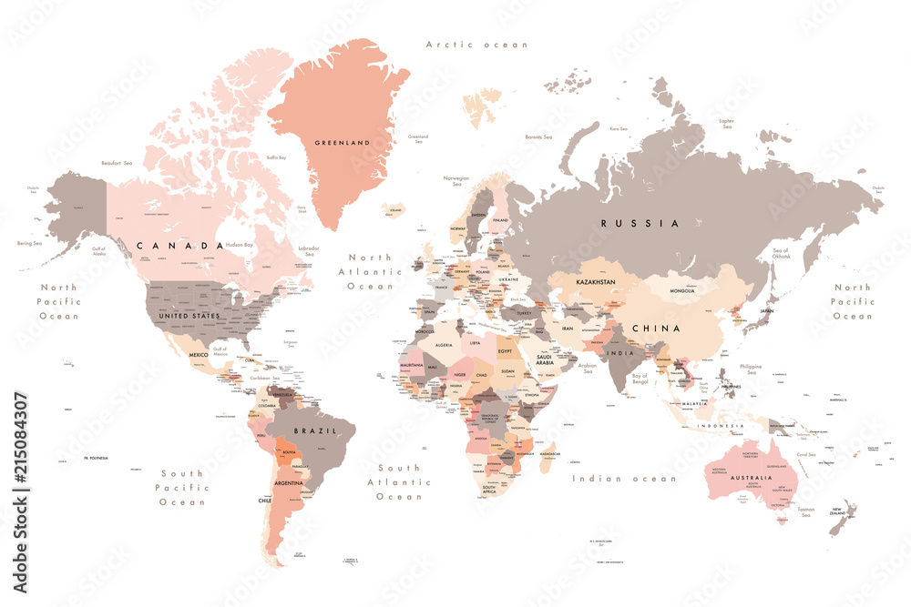 world map - all layers outlined stars-Colourful Illustration of a world map showing country names, State names (USA & Australia), capital cities, major lakes and oceans. Print at no less than 36" - obrazy, fototapety, plakaty 