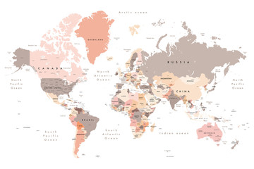 world map - all layers outlined stars-colourful illustration showing country names, state names (usa