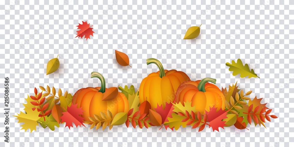 Autumn leaves and pumpkins pattern on transparent background. Seasonal floral maple oak tree orange leaves with gourds for thanksgiving holiday, harvest decoration vector design. - obrazy, fototapety, plakaty 
