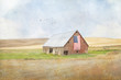 Textured photograph of an old red rickety barn with an American flag on the side