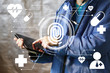 Doctor pressing button fingerprint print icon healthcare on tablet virtual panel medicine.