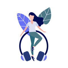 Wall Mural - Cute slim girl standing doing yoga exercise or stretching on abstract floral background elements and headphones. Young woman and healthy lifestyle and harmony concept. Vector illustration