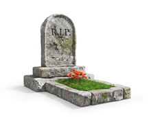 Stone Grave With Grass Isolated On A White Background. 3d Illustration