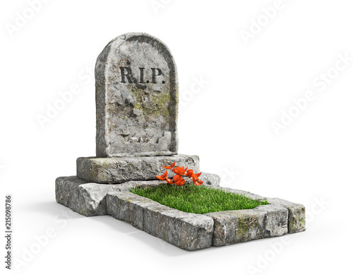 Cuadros en Lienzo Stone grave with grass isolated on a white background
