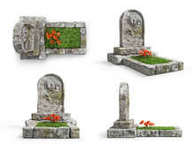 Set Of Stone Grave With Grass In Different View Isolated On A White Background. 3d Illustration